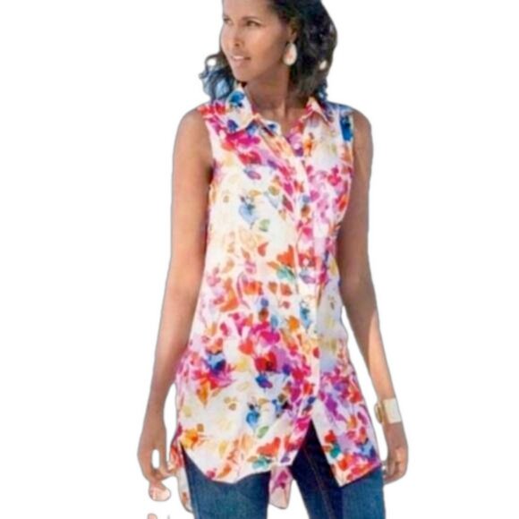 SOFT SURROUNDINGS Summer Blooms Sleeveless Button Front Tunic Blouse - Picture 2 of 10